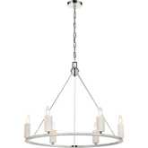 White Stone 30"W 6 Light Chandelier in Polished Nickel & Oak