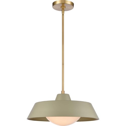 Gilman 16"W 1 Light Ceiling Pendant Light in Brass, Green Metal & Opal Glass