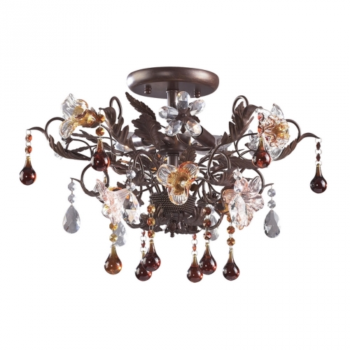 Cristallo Fiore 3 Light Semi Flush Mount Light in Deep Rust with Hand Blown Florets