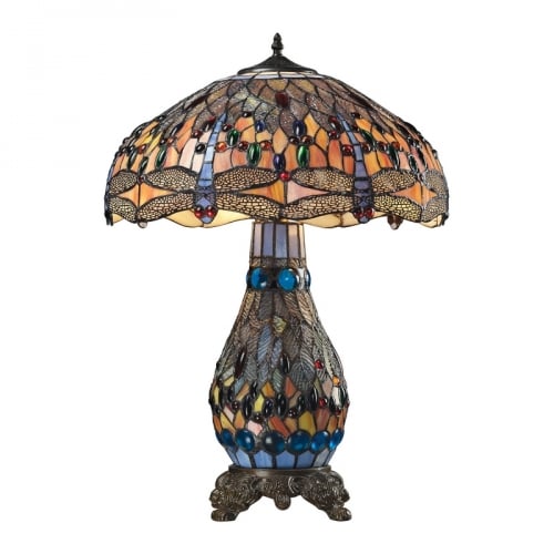 Dragonfly 3 Light Table lamp in Dark Bronze w/ Multi Color Glass