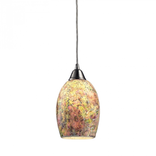 Avalon 1 Light Pendant Light in Satin Nickel w/ Hand Painted Crackled Glass