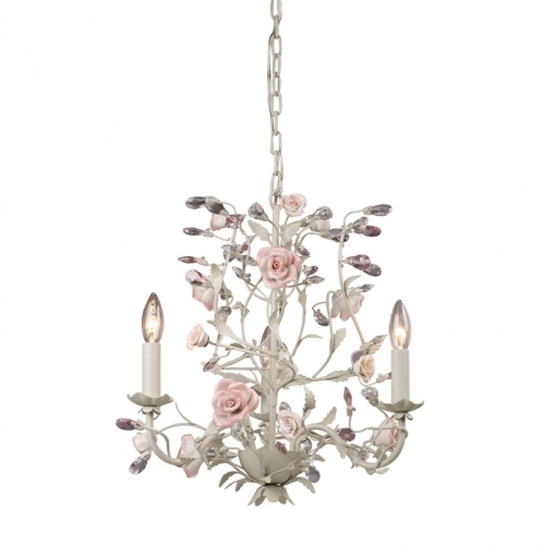 Heritage 3 Light Chandelier in Cream w/ Branches & Pink Roses