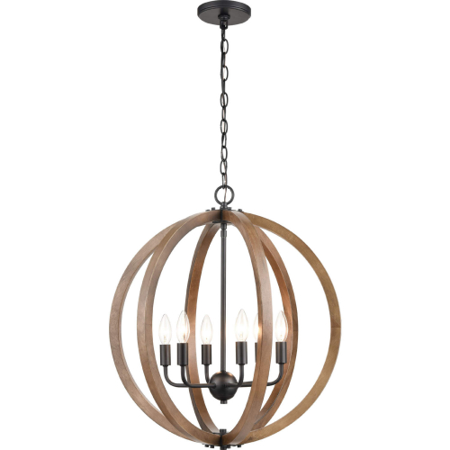 Barrow 22"W 6 Light Chandelier in Matte Black Metal & Wood