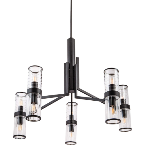 Stripe Chandelier in Matte Black Metal & Striped Clear Glass