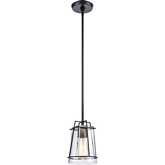 Square To Round 1 Light Ceiling Pendant Light in Black Metal & Glass