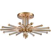 Serena 26"W 5 Light Semi Flush Mount in Satin Brass & Glass Rods