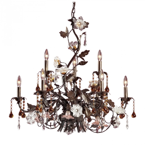 Cristallo Fiore 9 Light Chandelier in Deep Rust w/ Hand Blown Florets