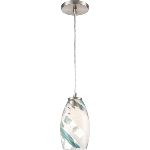 Turbulence 5"W 1 Light Pendant in Nickel, Aqua & Opal Swirl Glass