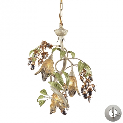 Huarco 3 Light Chandelier in Seashell & Green Floral Metal with Hand Formed Glass