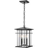 Oak Park 9"W 3 Light Outdoor Pendant in Matte Black Metal & Clear Glass