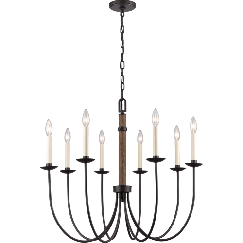 Neville 28"W 8 Light Chandelier in Black Metal, Wood & Off White Fabric