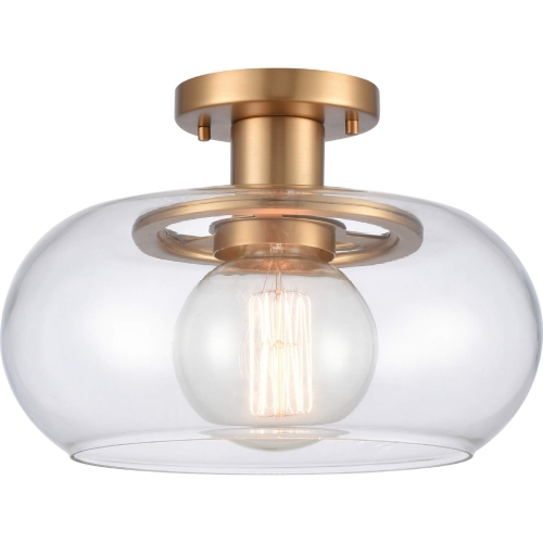 Clement 13"W 1 Light Semi Flush Mount in Brushed Gold & Handblown Glass