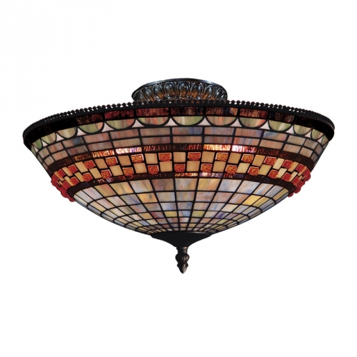 Jewelston 3 Light Semi Flush Mount Light in Classic Bronze with Mosaic Tiffany Glass