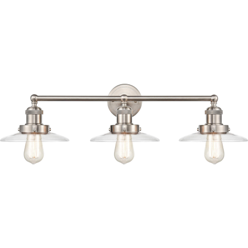 English Pub 28"W 3 Light Vanity Light in Satin Nickel & Clear Glass