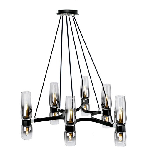 Flame Chandelier in Matte Black, Chrome & Glass