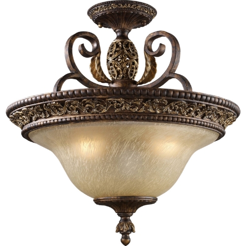 Regency 3 Light Semi Flush Mount Light in Burnt Bronze & Weathered Gold Leaf with Amber Glass