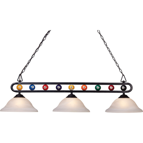 Billiard Motif 51"W 3 Light Linear Chandelier in Black, Pool Balls & Alabaster