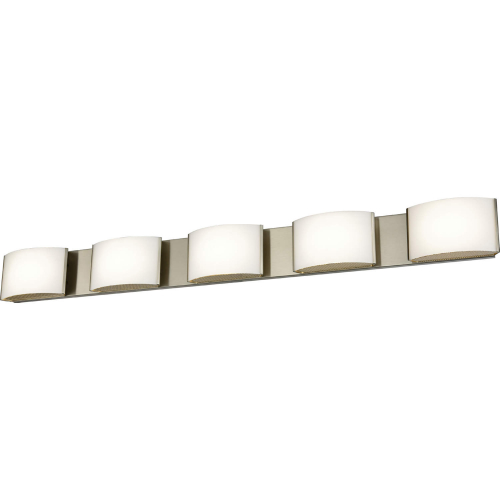 Pandora 44"W 5 Light Vanity Light in Satin Nickel & Opal White Glass