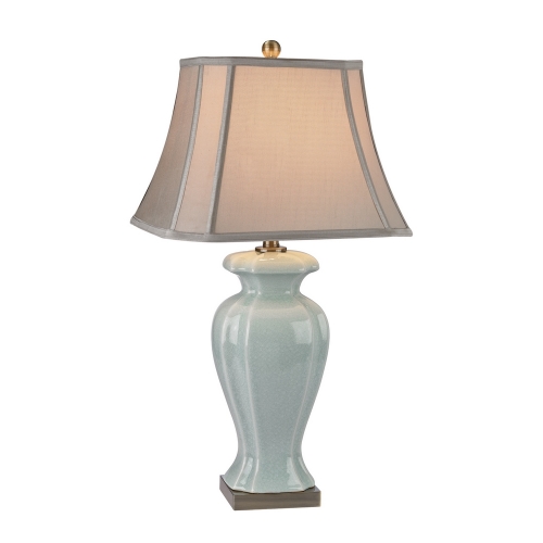 29" Ceramic Table Lamp in Celadon Glaze w/ Bronze Base & Oyster Shade