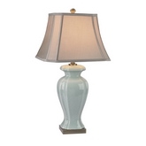 29" Ceramic Table Lamp in Celadon Glaze w/ Bronze Base & Oyster Shade