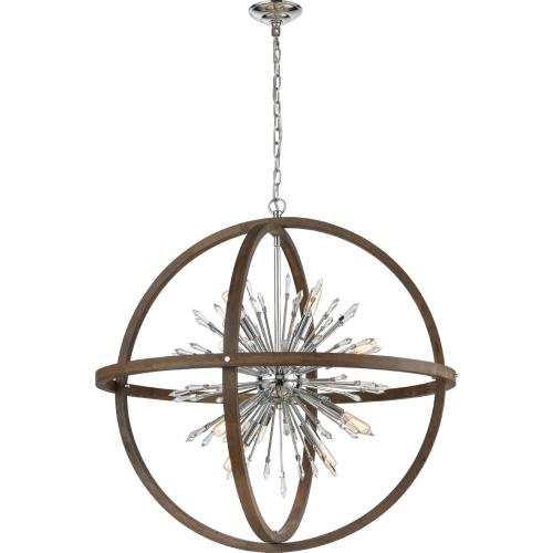 Morning Star 19.5"W 6 Light Pendant in Aged Wood & Chrome