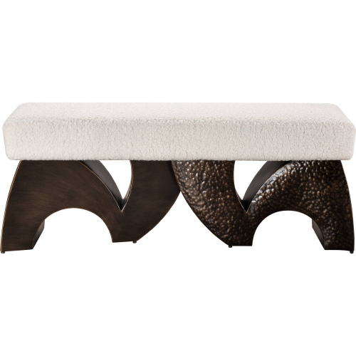 Timber Bench in Aged Bronze & White Boucle Fabric