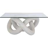 Knotty Coffee Table in White Wood Sculpture & Clear Glass