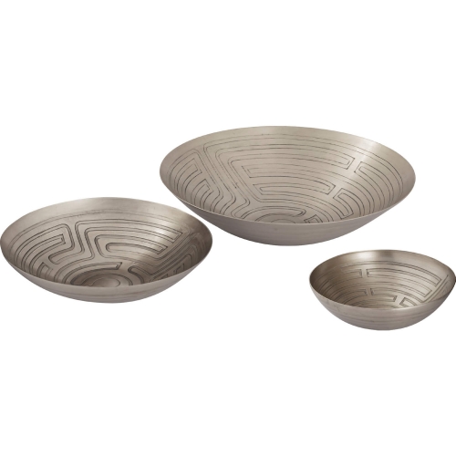 Maze Etched Decorative Bowl in Antique Nickel Iron (Set of 3)