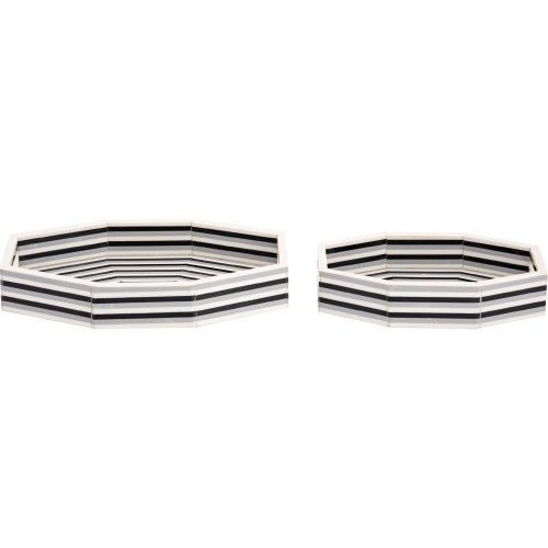 Octagonal Striped Decorative Tray in White & Black Resin (Set of 2)