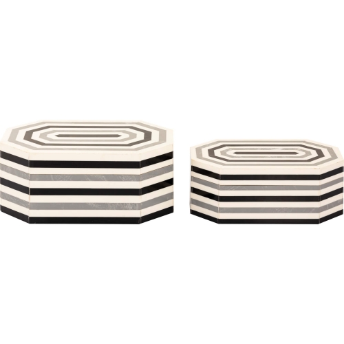 Octagonal Striped Box White in White & Black Resin (Set of 2)