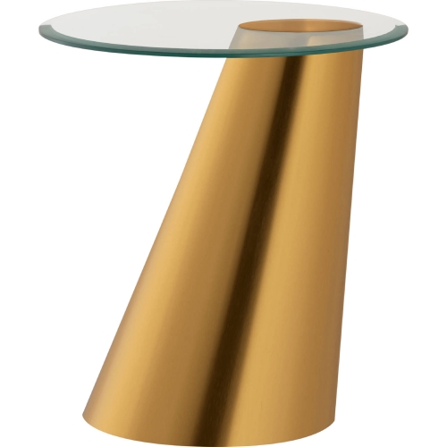 Cone Accent Side Table in Antique Brass & Tempered Glass