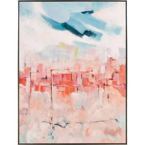 Skyline Hues Framed Wall Art in Coral, Light Blue & Champagne Silver Canvas