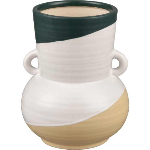 Joffe Vase in White, Dark Green & Tan Ceramic