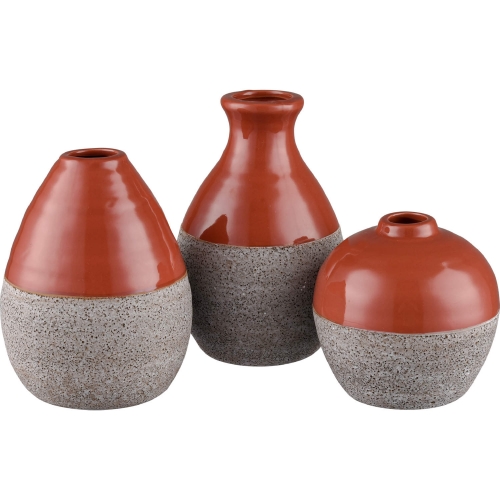 Baer Vase in Gloss Brick Red & Gray Ceramic (Set of 3)