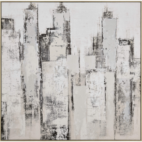 Urban Mist Abstract Framed Wall Art in Off White, Gray, & Wood