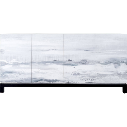 Torres Credenza Cabinet in White & Gray Seascape Canvas & Black Wood