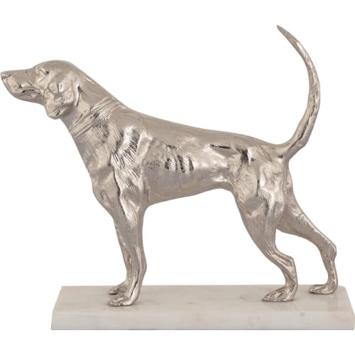 Bergie Dog Sculpture in Nickel Aluminum & White Marble