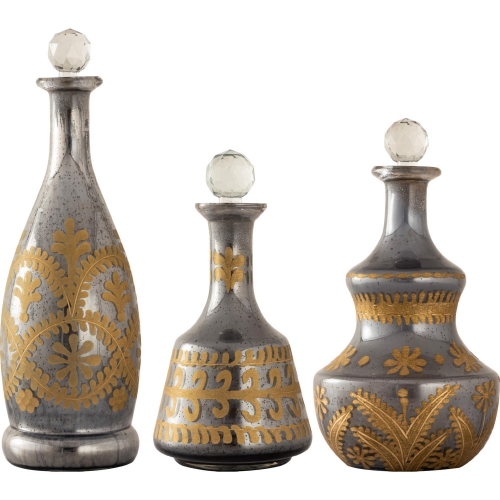 Kemal Bottle in Antique Silver & Gold Glass (Set of 3)