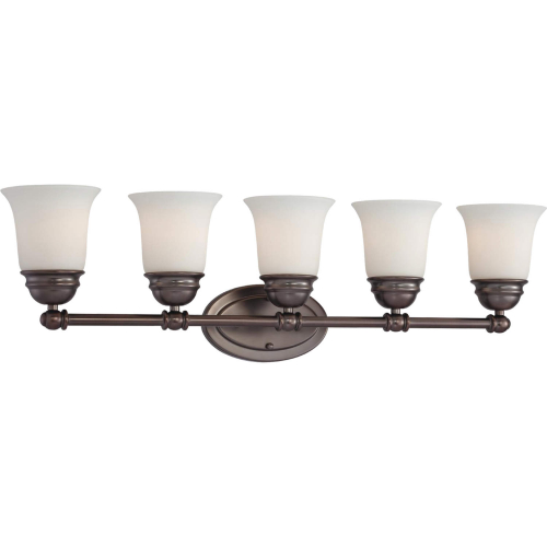 Bella 31"W 5 Light Vanity Light in Oiled Bronze & White Frosted Glass