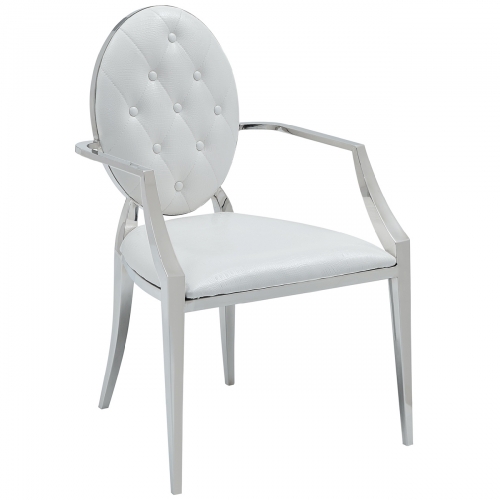 110 Dining Arm Chair in Tufted White Eco Leather on Stainless