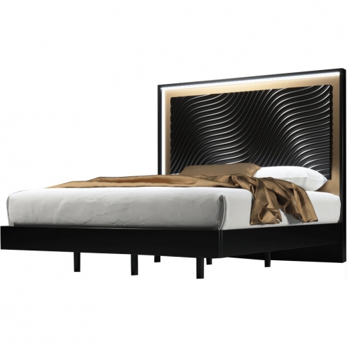 Wave King Bed w/ Light in Dark Gray & Gold Finish