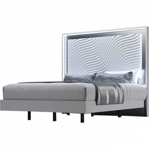 Wave King Bed w/ Light in High Gloss White Finish