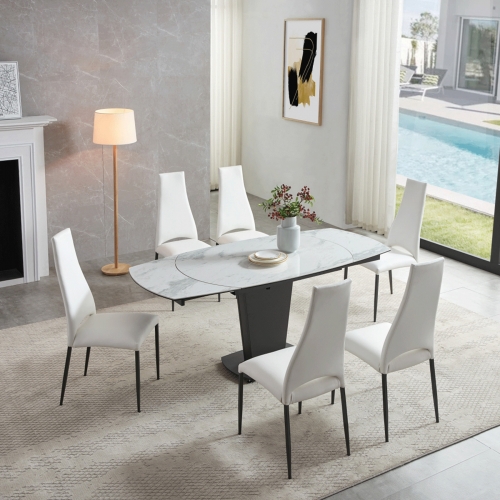 2417 71" Dining Table in White Marble Look Ceramic & Grey Metal