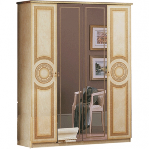 Aida 4 Door Wardrobe in High Gloss Ivory, Gold & Mirror