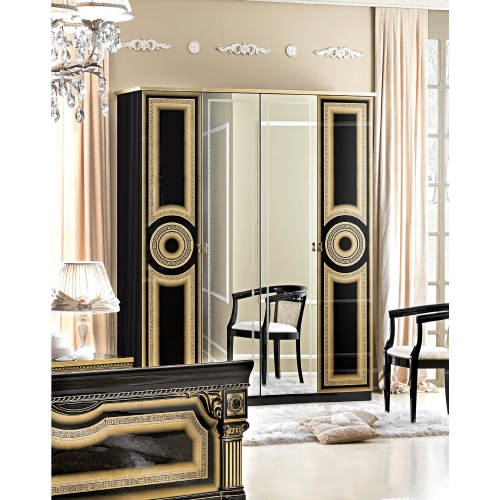 Aida 4 Door Wardrobe in High Gloss Black, Gold & Mirror