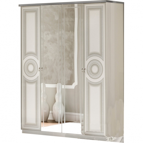 Aida 4 Door Wardrobe in High Gloss White, Silver & Mirror