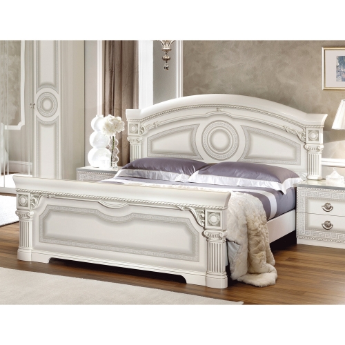 Aida King Bed in High Gloss White & Silver