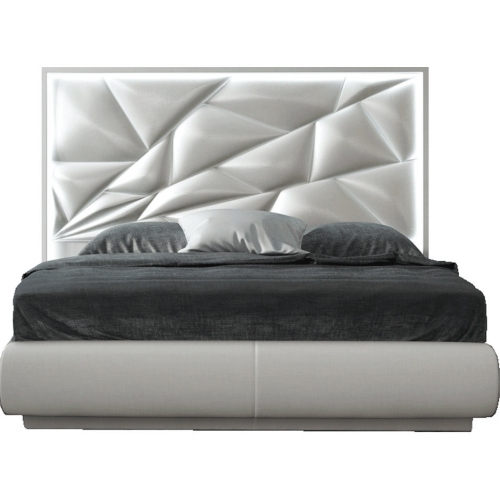 Kiu Queen Bed with Light in High Gloss White & White Eco Leather