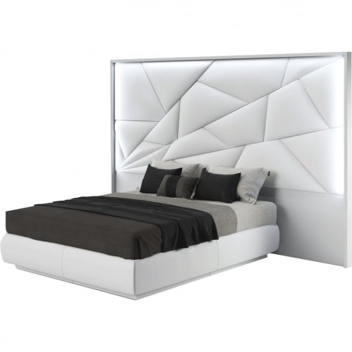 Majesty Queen Bed w/ Large Headboard in White, White Eco Leather & Light