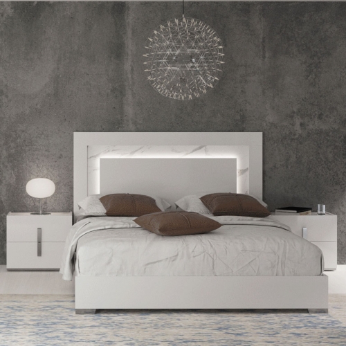 Carrara King Bed w/ LED Headboard in High Gloss White, Grey & Silver